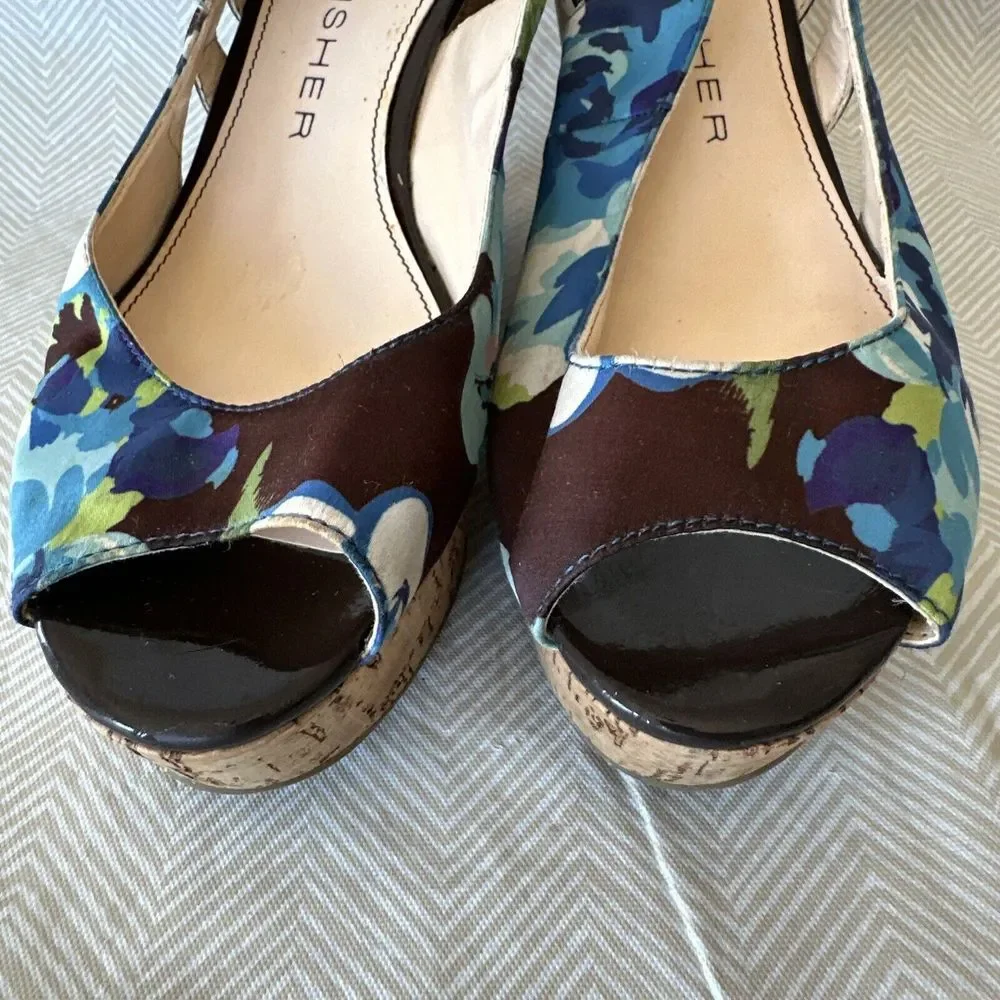 Marc Fisher Shoes Wedges‎ Peep Toe Heels Floral Cork Womens 6.5
